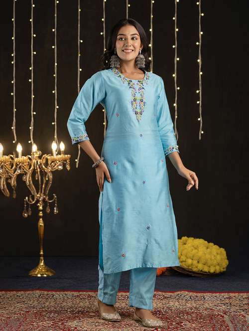 women embroidered three quarter sleeve straight kurta - 21694776 -  Standard Image - 0