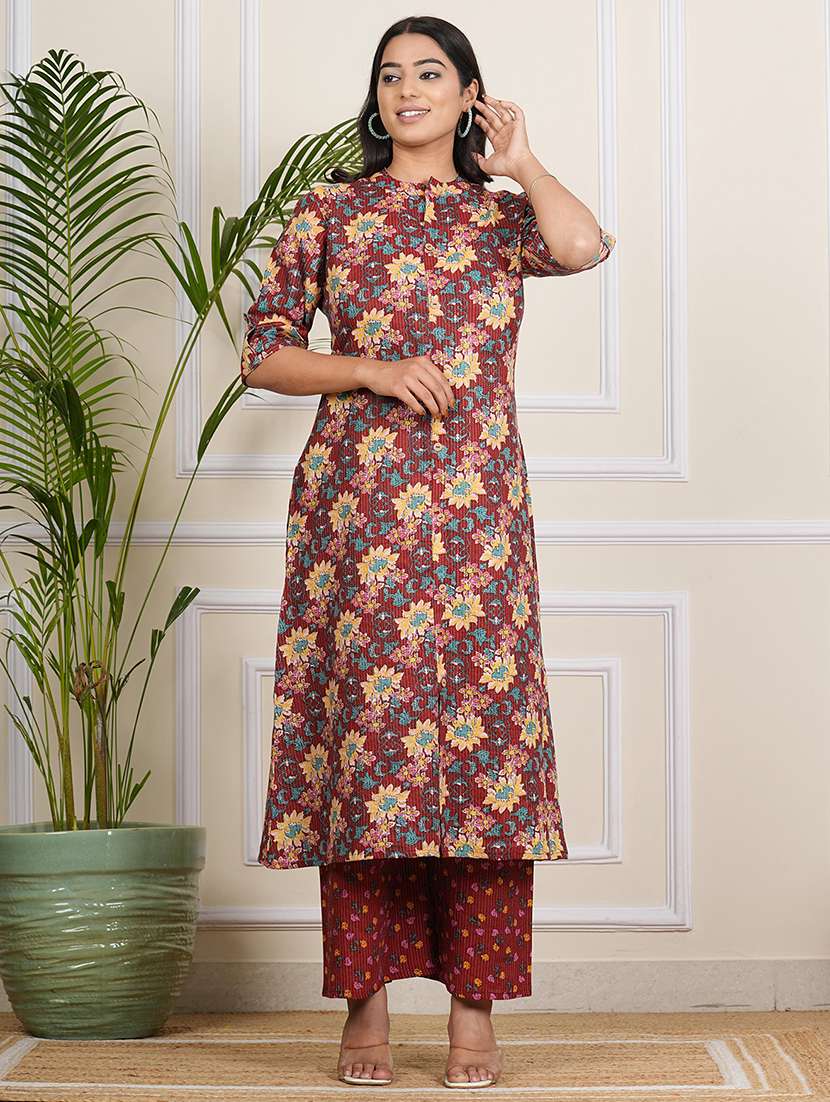 women floral printed mandarin neck kurta palazzo set - 21694785 -  Standard Image - 1