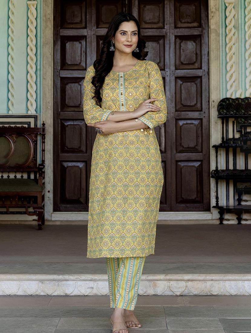 women yellow printed round neck suit set