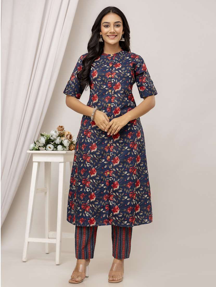 women floral printed mandarin neck kurta pant set