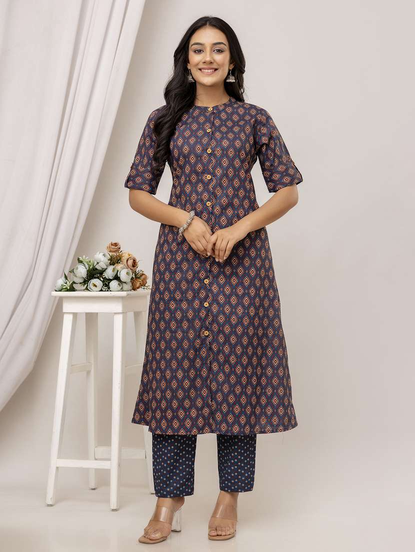 women blue printed mandarin neck kurta pant set