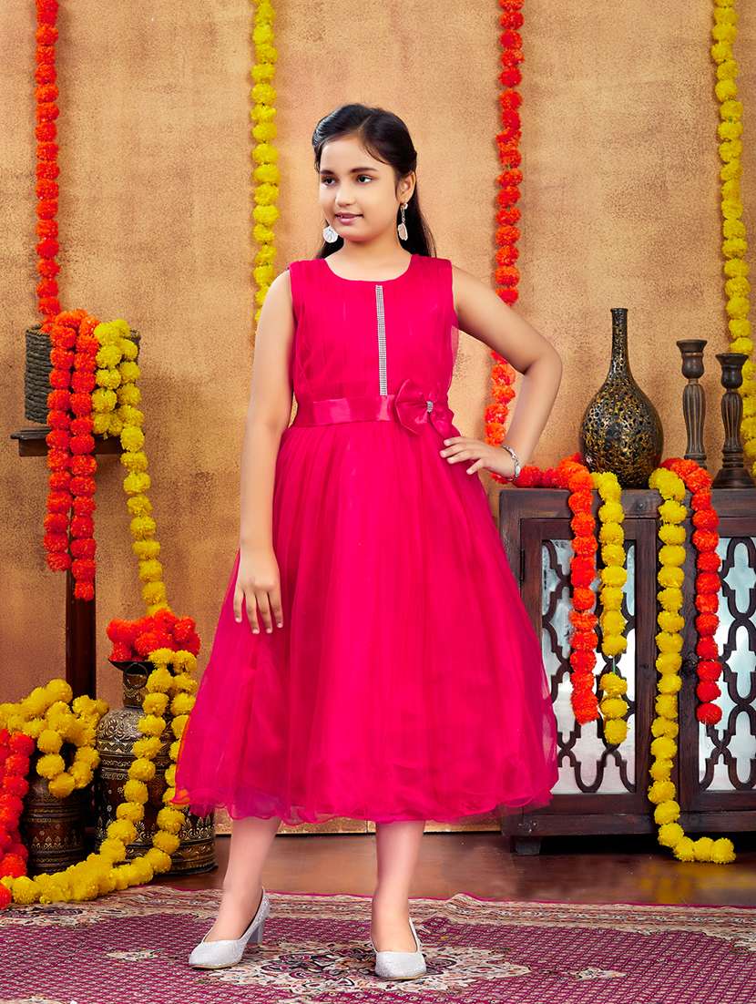 girls solid round neck party wear gown