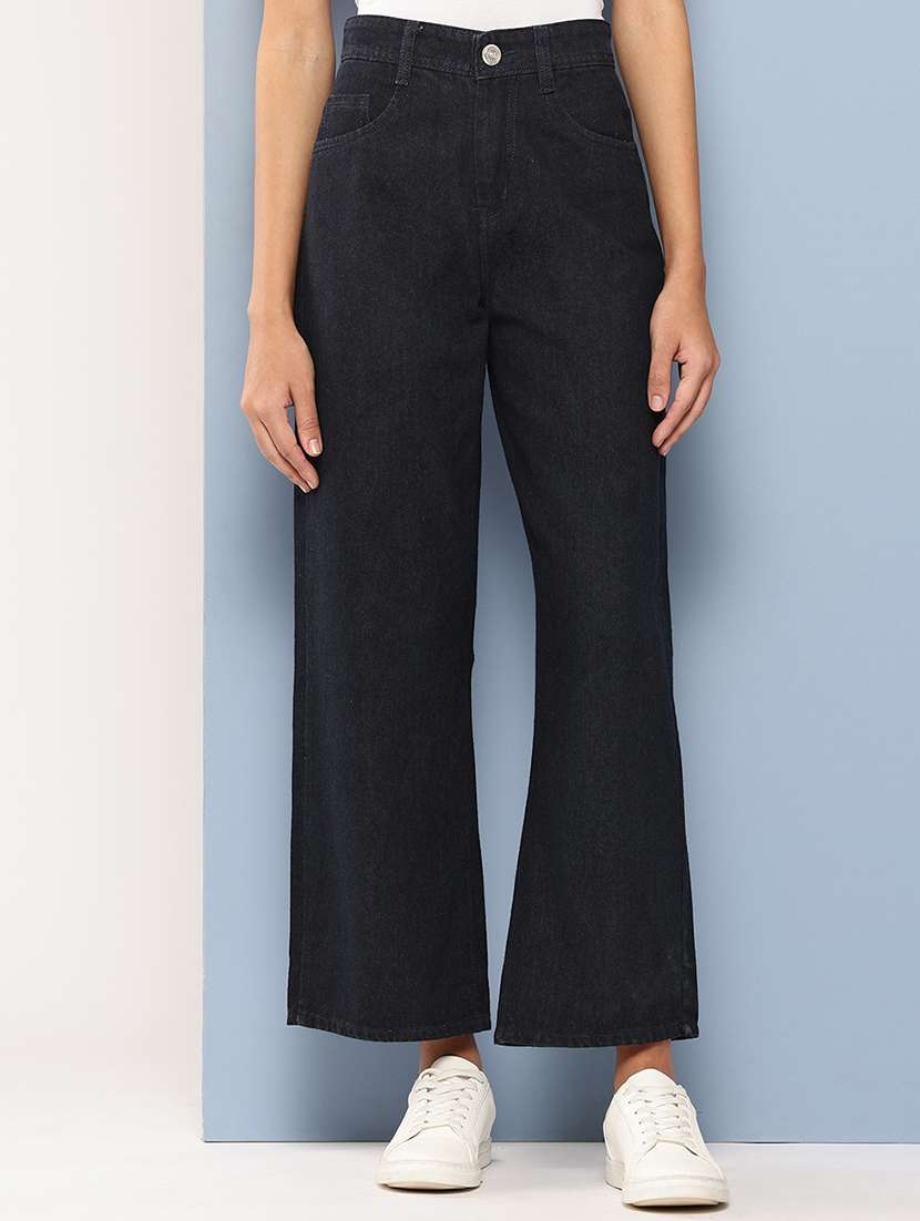 women high rise plain wide leg denim jeans