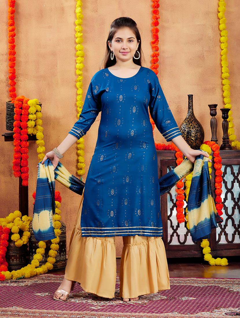 girls foil print round neck straight kurta - 21694874 - Standard Image - 1