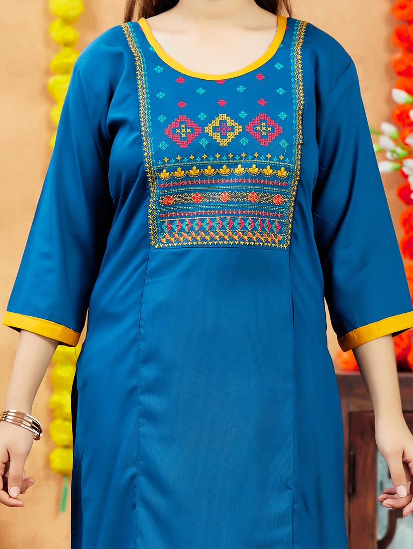 girls embroidered round neck straight kurta - 21694878 - Standard Image - 6