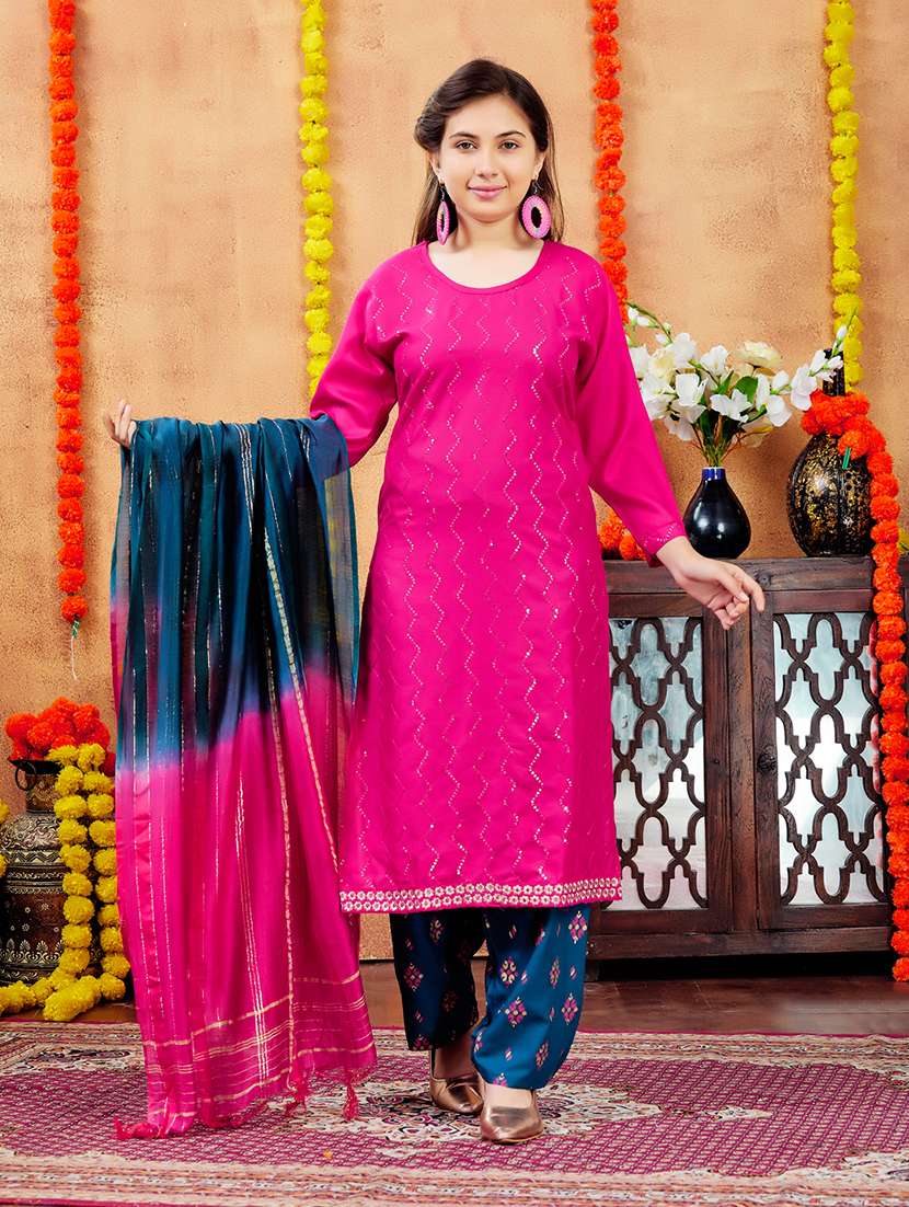 girls sequin work round neck straight kurta - 21694886 - Standard Image - 1