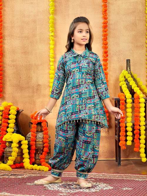 girls printed shirt collar neck patiyala suit set - 21694889 -  Standard Image - 0