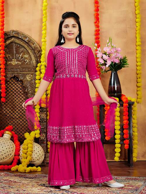 girls embellished mirror work kurta sharara set with dupatta