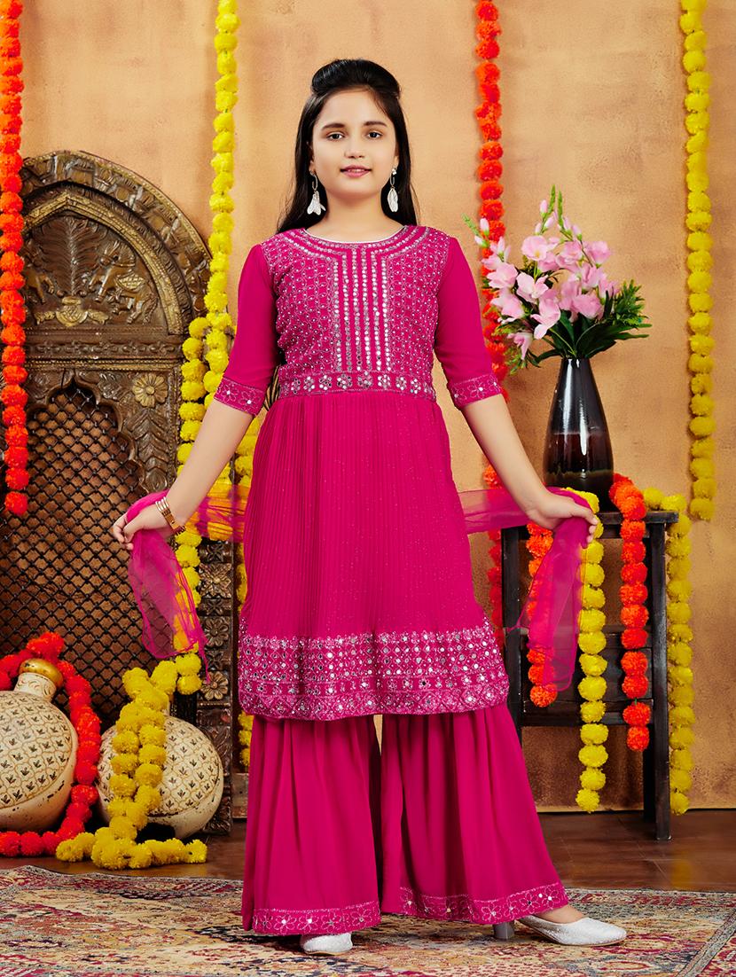 girls embellished mirror work kurta sharara set with dupatta - 21694893 - Zoom Image - 0