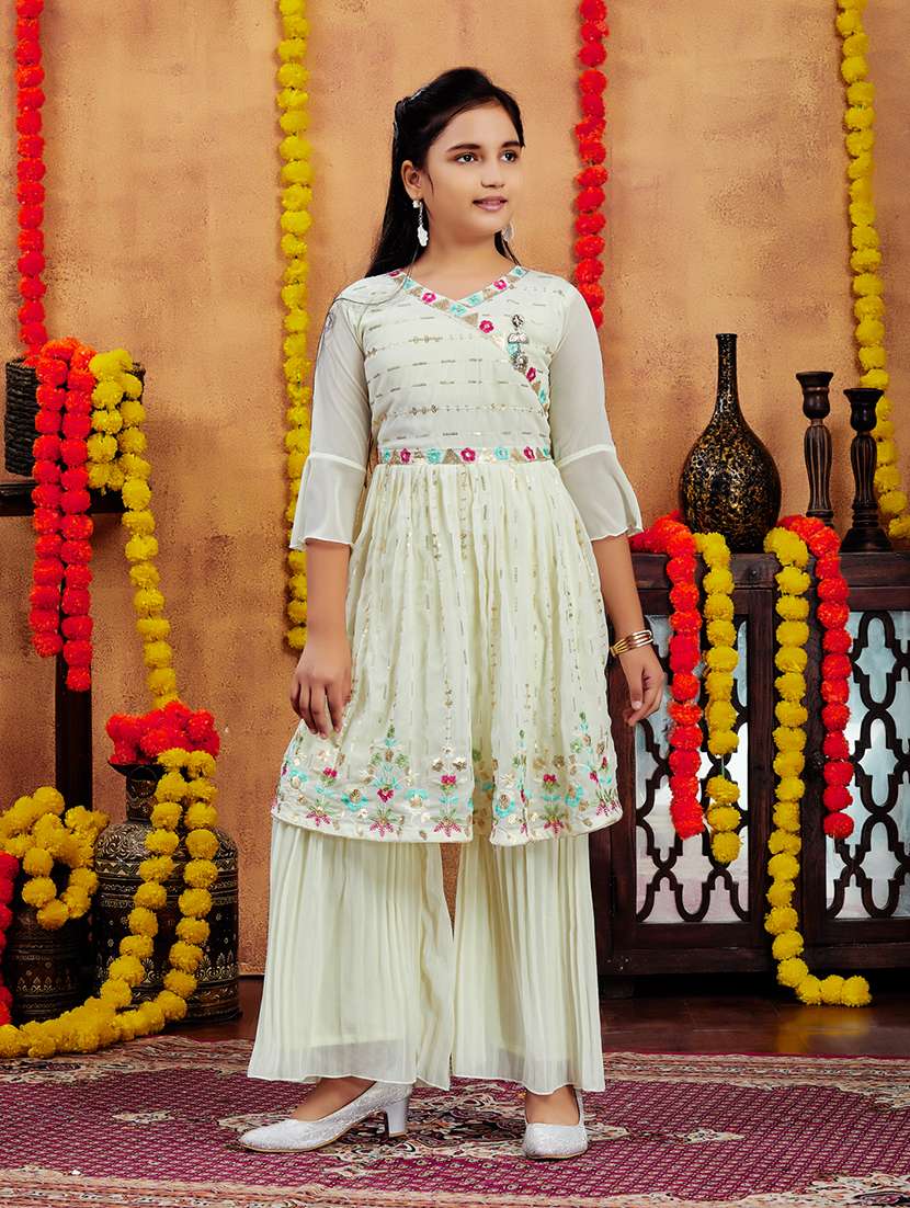 girls embroidered sequin work kurta sharara set  - 21694897 -  Standard Image - 1
