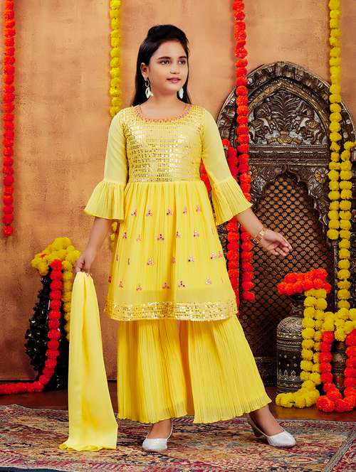 girls sequin mirror work kurta sharara set with dupatta