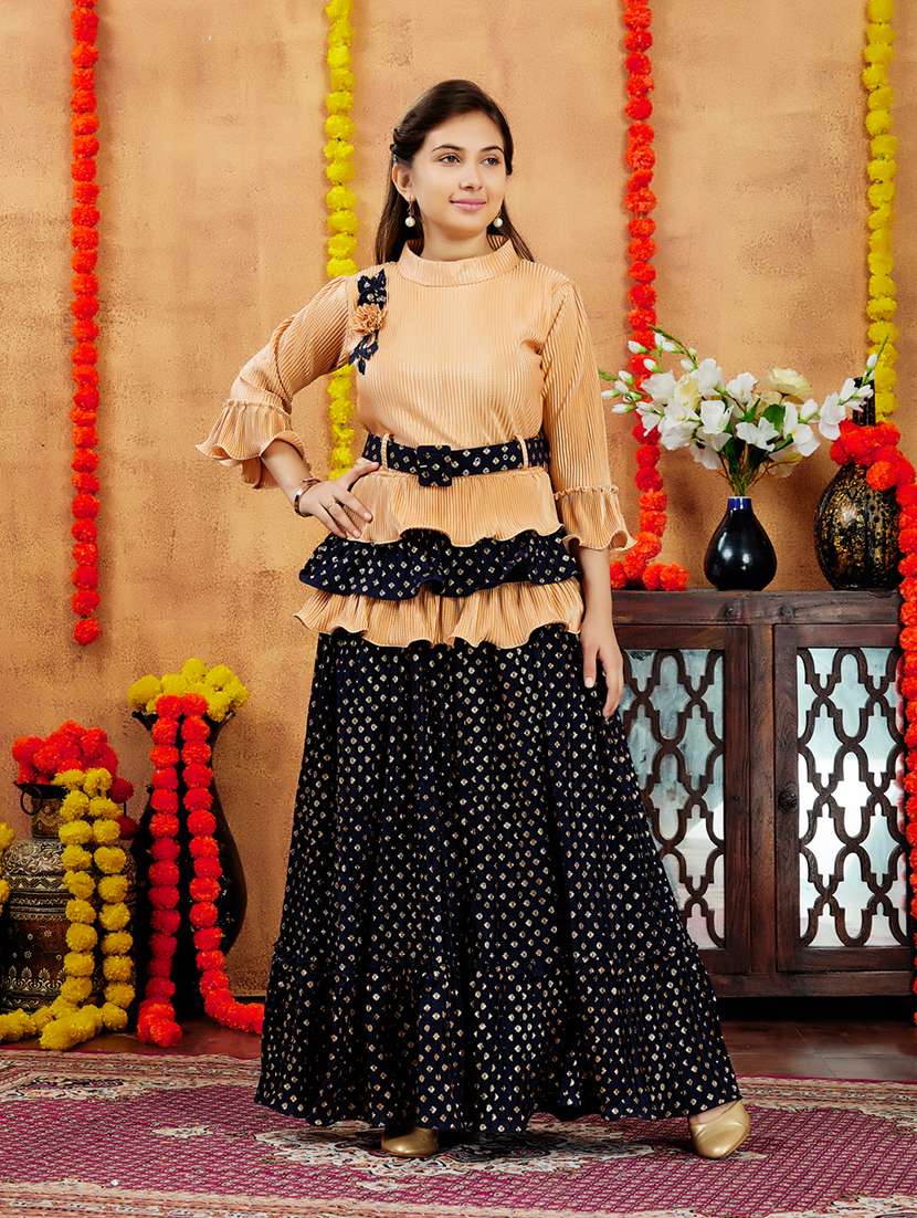 girls foil printed skirt top set with belt - 21694911 -  Standard Image - 1