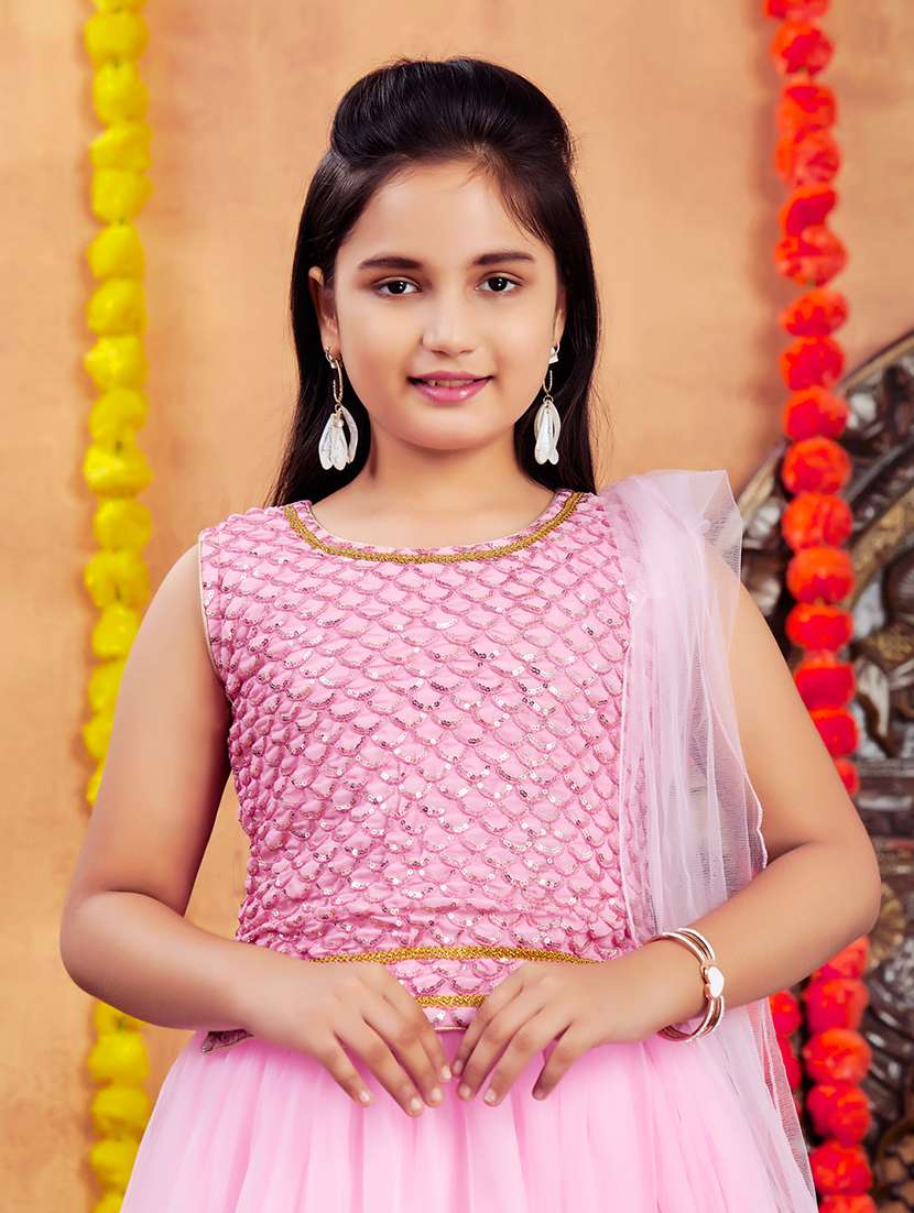 Girls Sequin Work Lehenga Choli Set With Attached Bag 