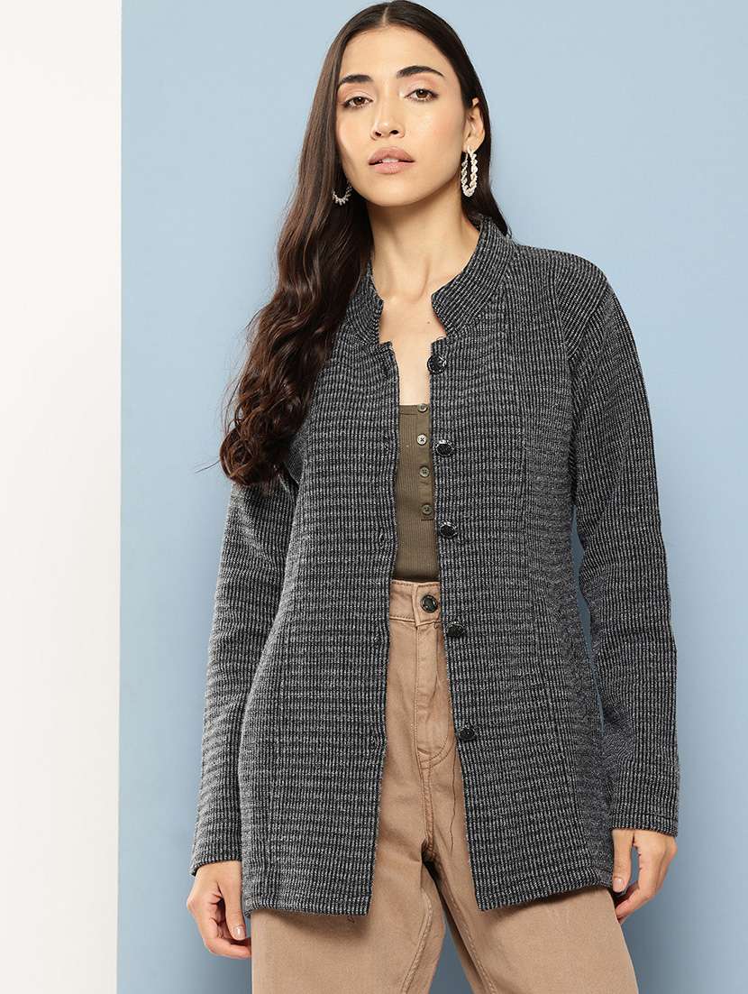 women long sleeves self design cardigan - 21694988 - Standard Image - 1