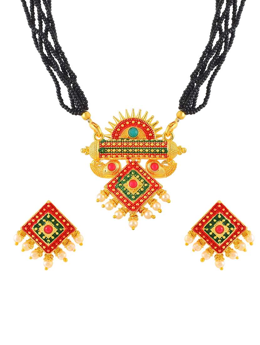 women gold plated short mangalsutra with earrings - 21695204 -  Standard Image - 1