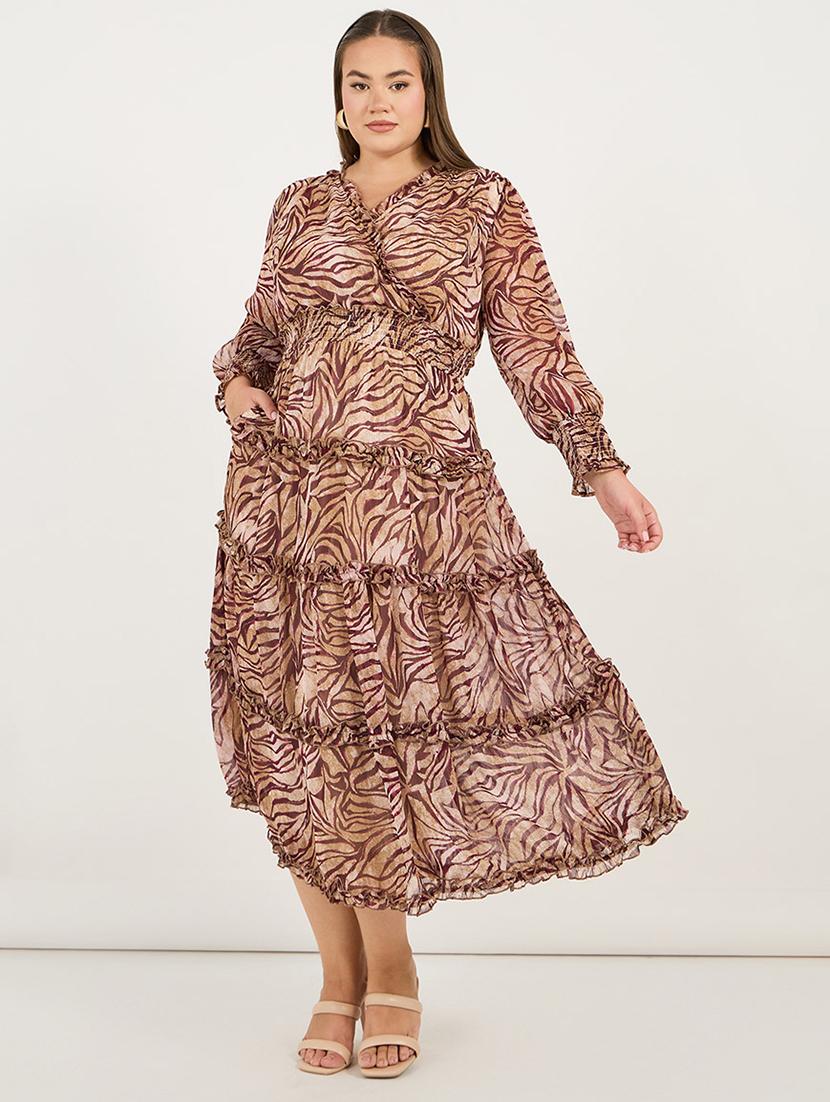 women plus size printed long sleeves tiered dress - 21695349 - Zoom Image - 0