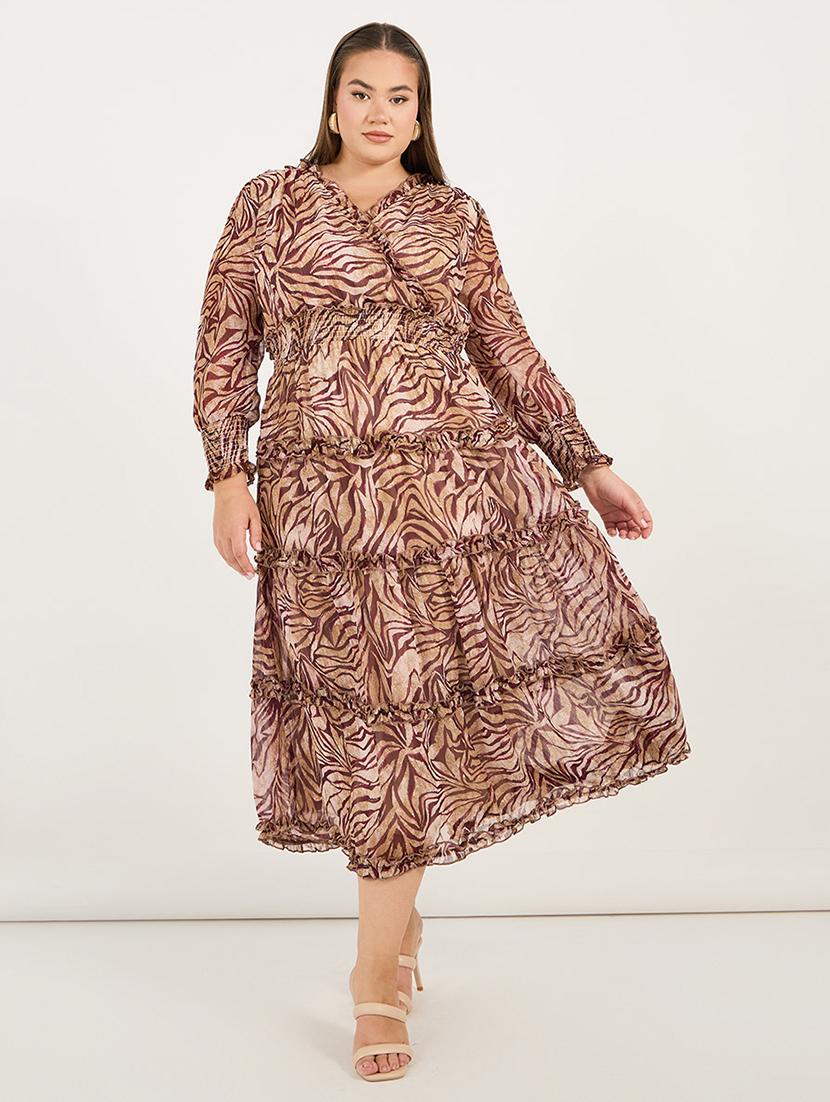 women plus size printed long sleeves tiered dress - 21695349 - Standard Image - 1