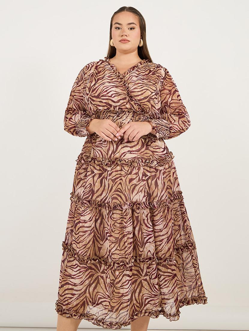 women plus size printed long sleeves tiered dress - 21695349 - Standard Image - 4