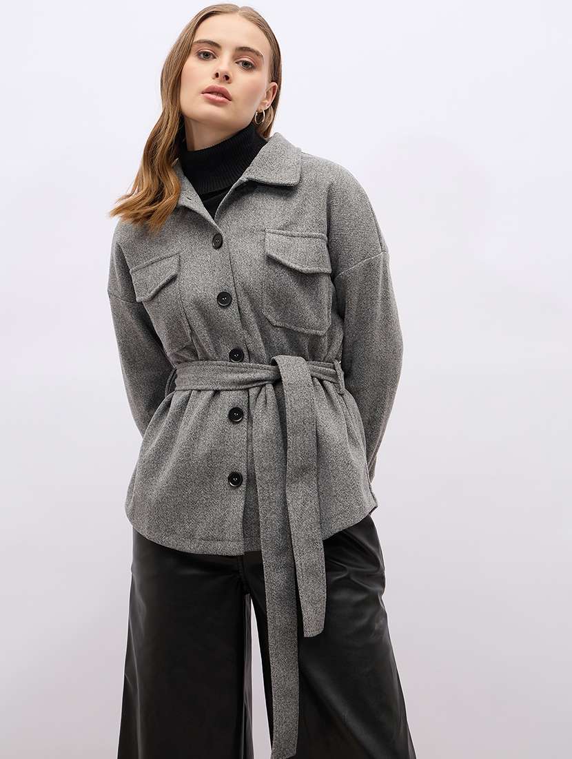 women solid collared long sleeves shacket