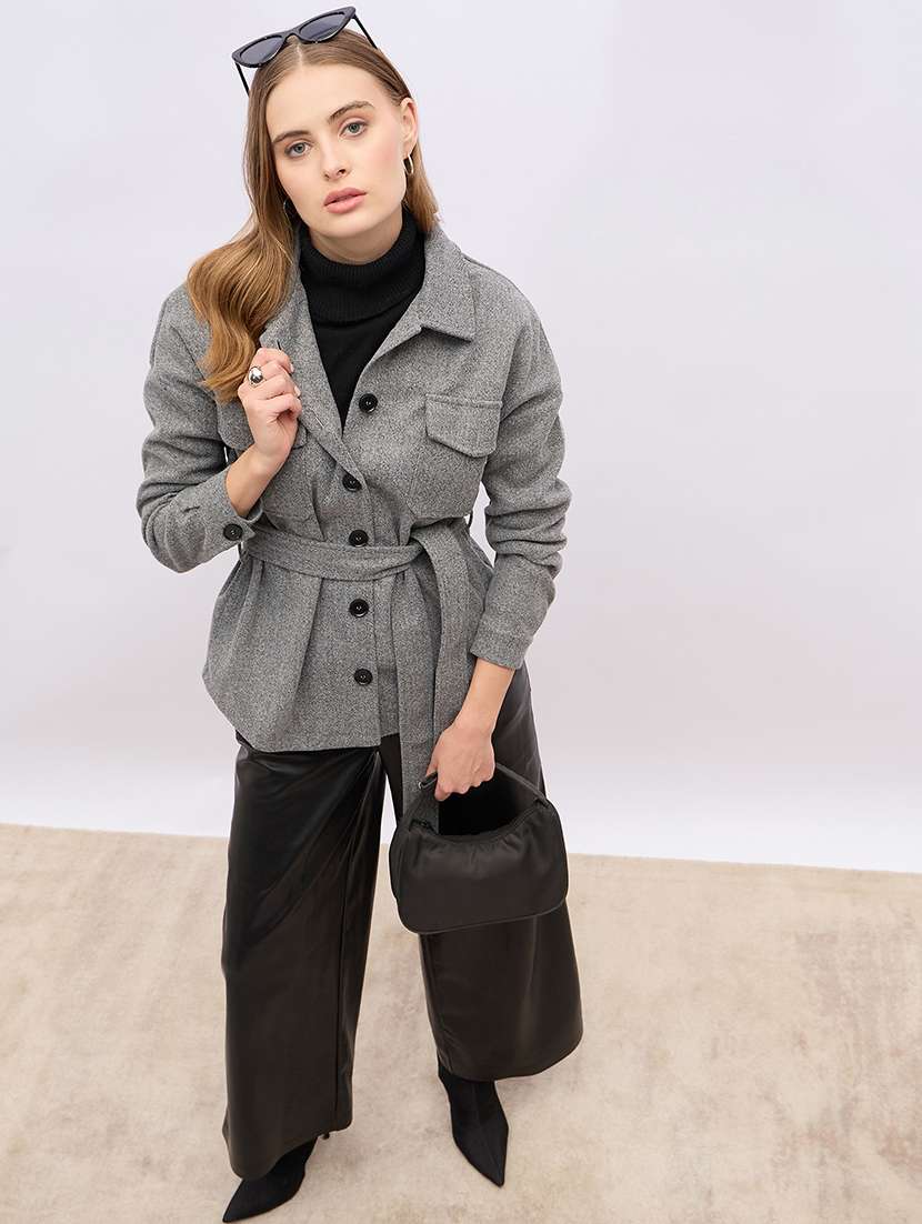 women solid collared long sleeves shacket - 21695350 -  Standard Image - 1