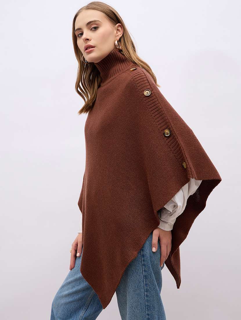women brown turtle neck self design ponchos - 21695371 - Standard Image - 1