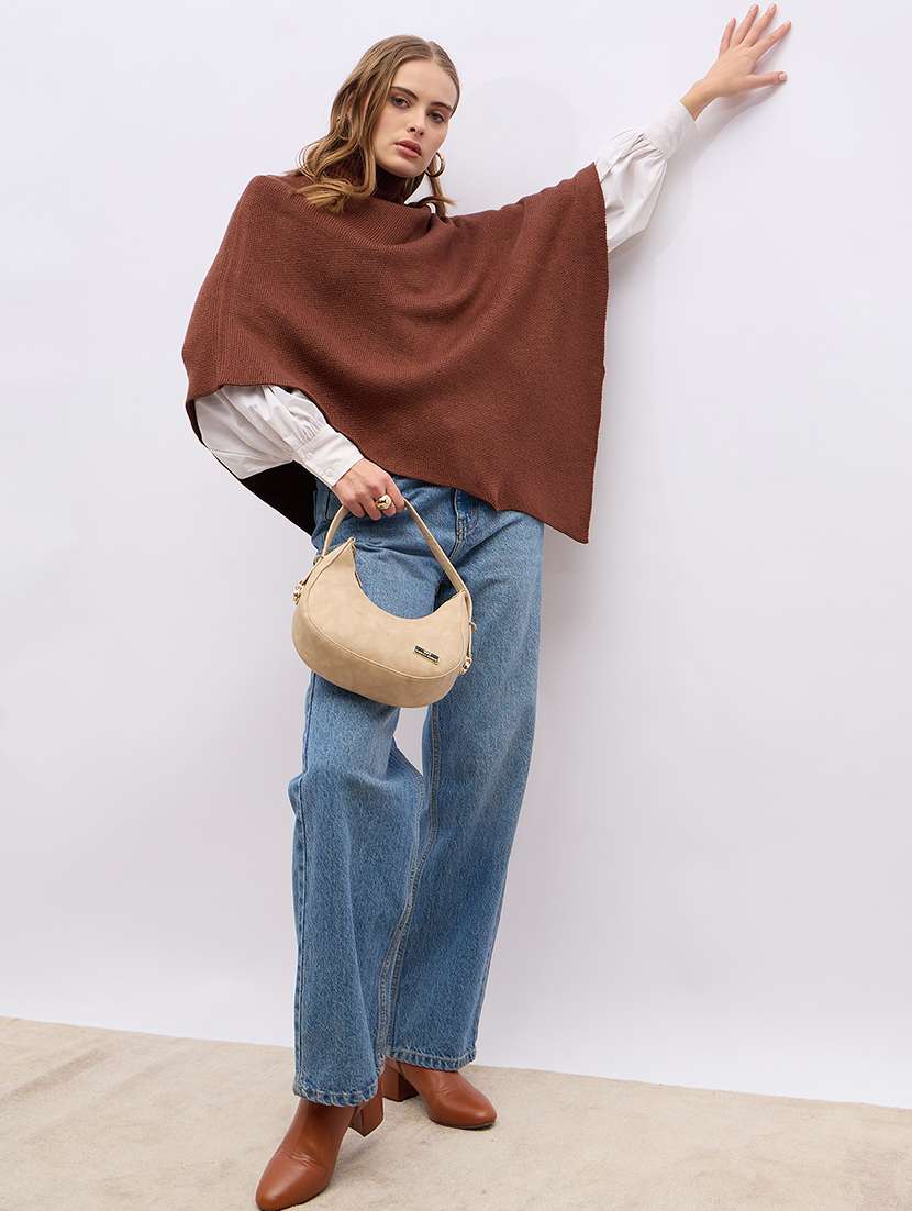women brown turtle neck self design ponchos - 21695371 - Standard Image - 4
