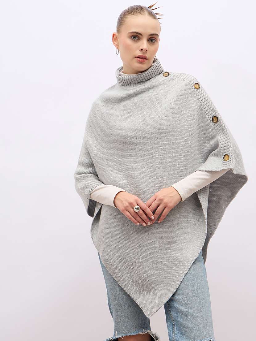 women grey turtle neck self design ponchos - 21695372 - Zoom Image - 0