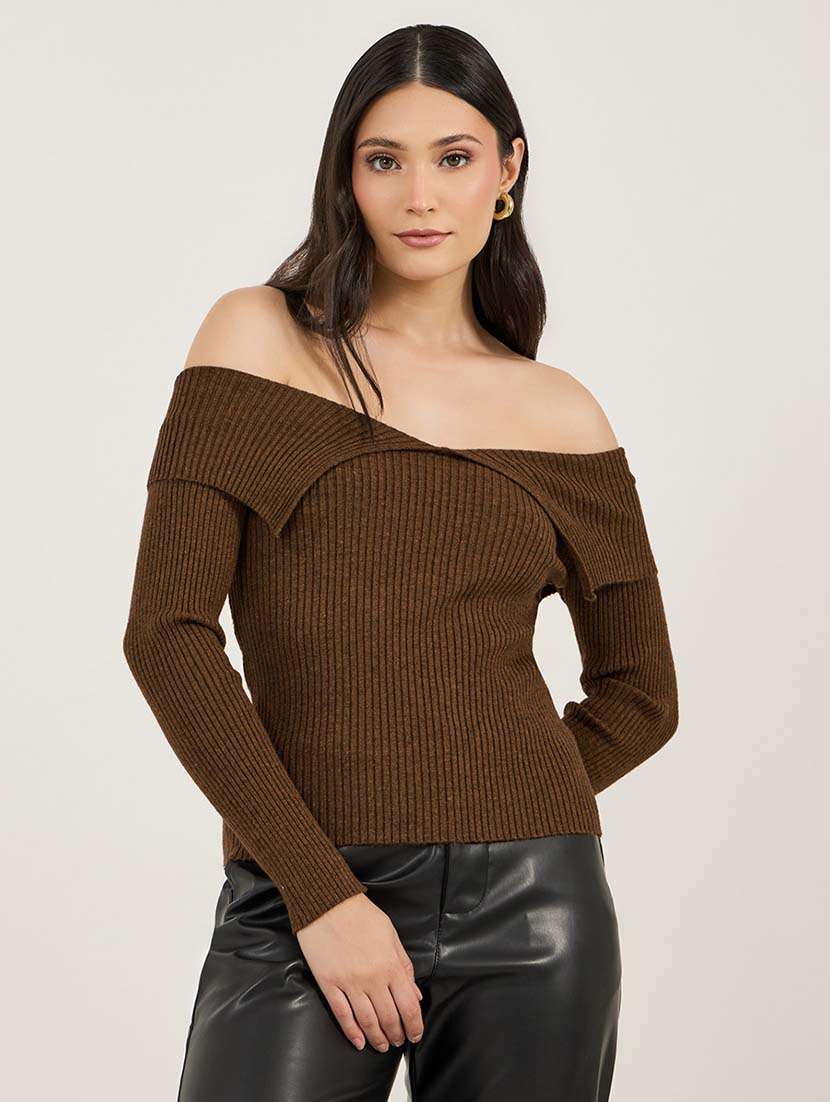 women solid long sleeve off shoulder pullover - 21695379 -  Standard Image - 1