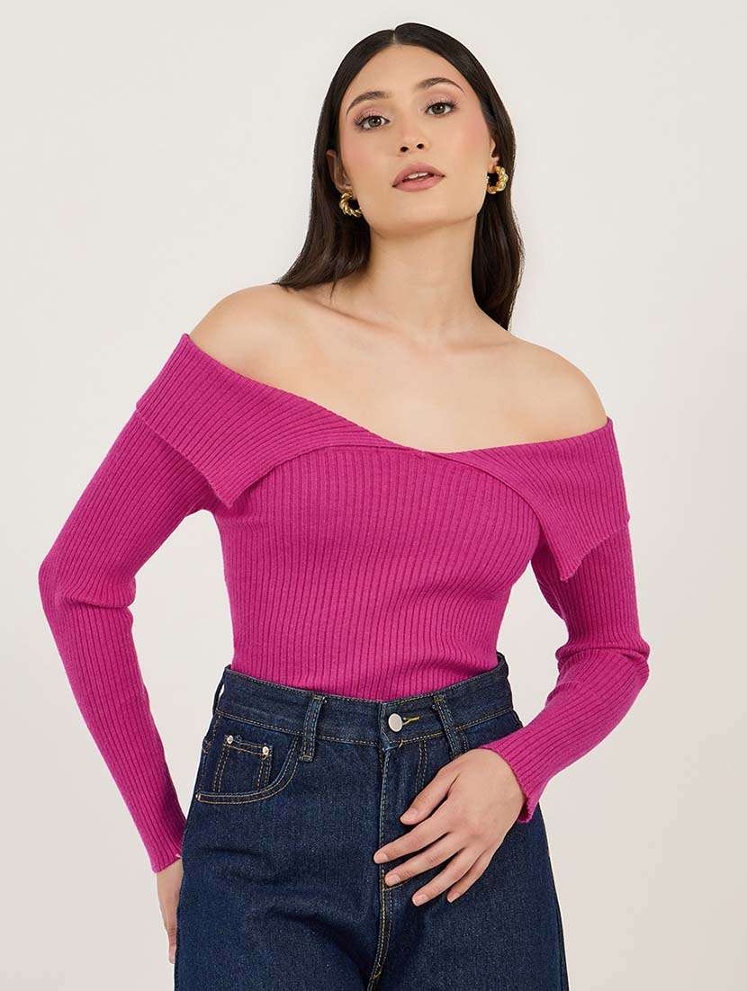 women solid long sleeve off shoulder pullover