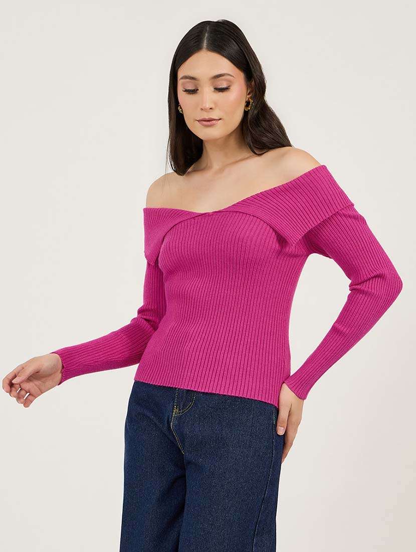 women solid long sleeve off shoulder pullover - 21695380 -  Standard Image - 1
