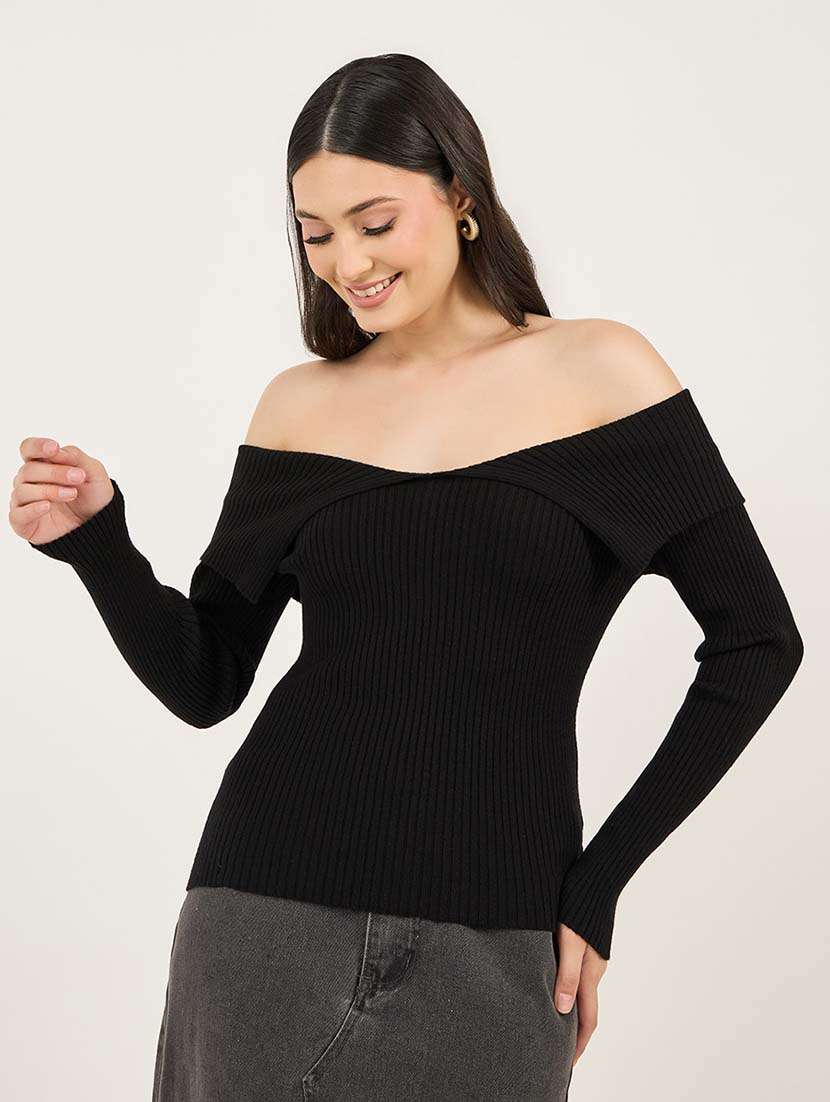women solid long sleeve off shoulder pullover - 21695395 -  Standard Image - 1