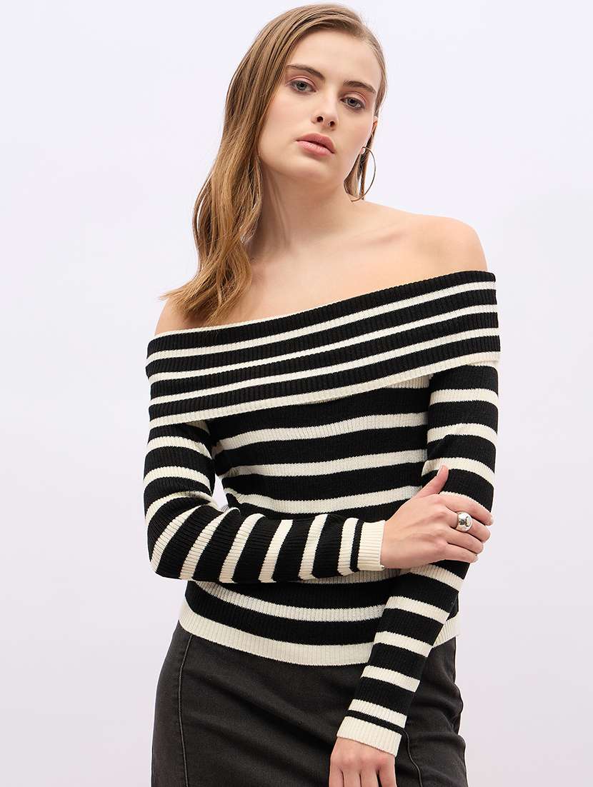women striped long sleeve off shoulder pullover