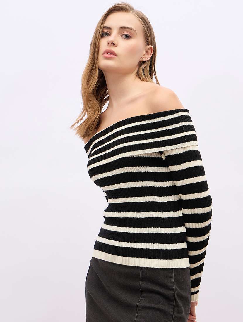 women striped long sleeve off shoulder pullover - 21695396 -  Standard Image - 1
