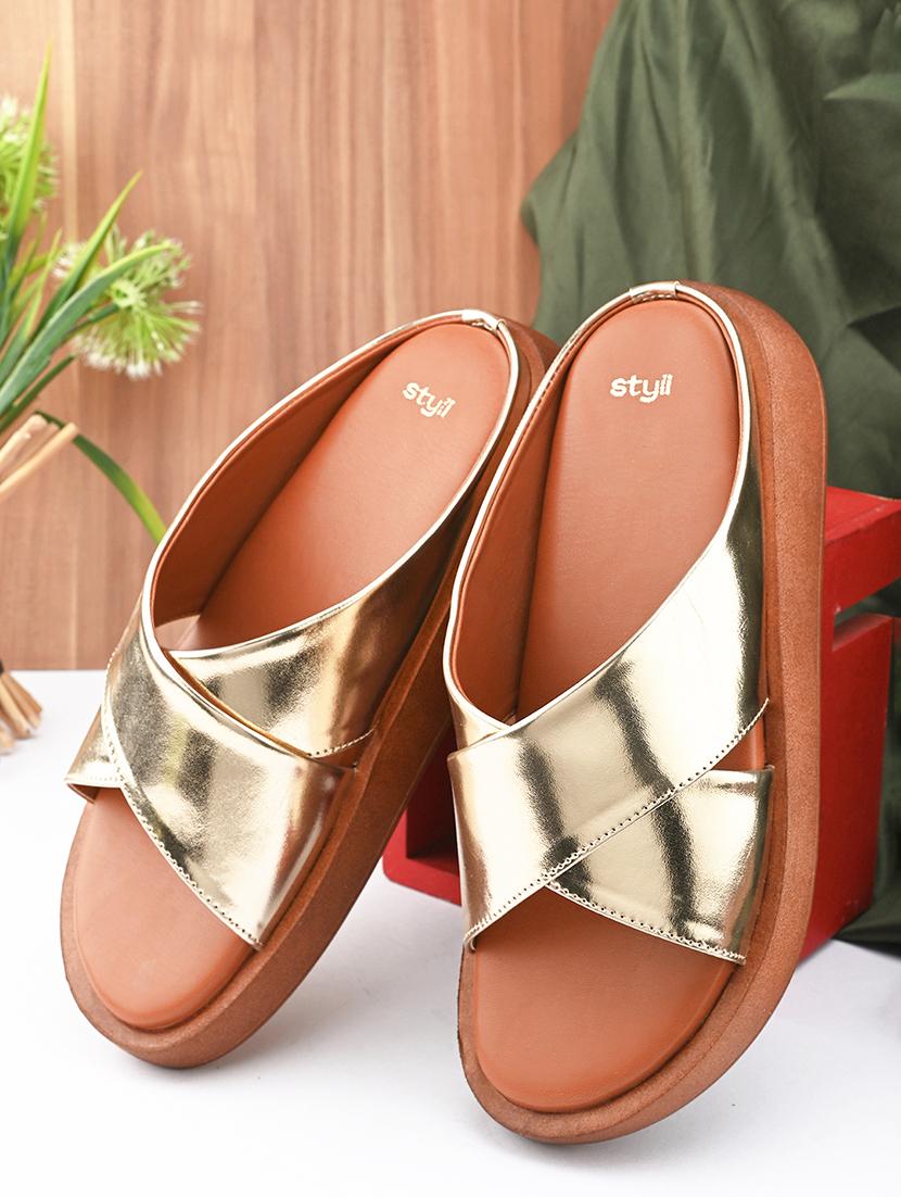 gold synthetic slip on sandals