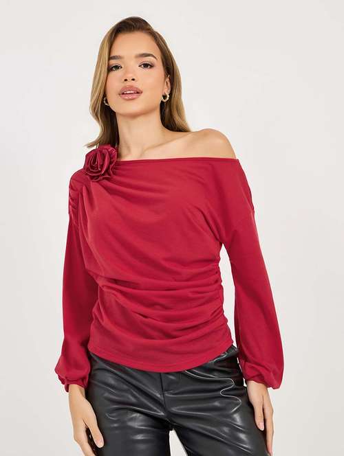 women solid asymmetric neck ruched top - 21695473 -  Standard Image - 0