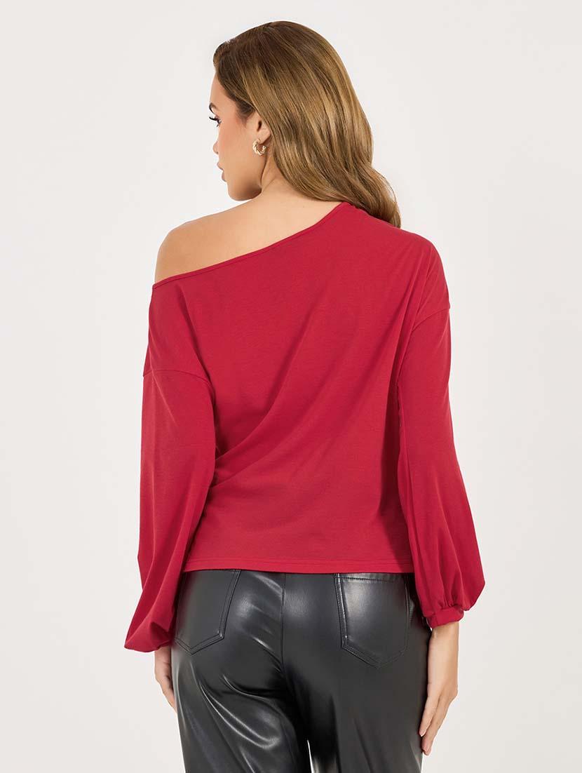 women solid asymmetric neck ruched top - 21695473 - Standard Image - 1