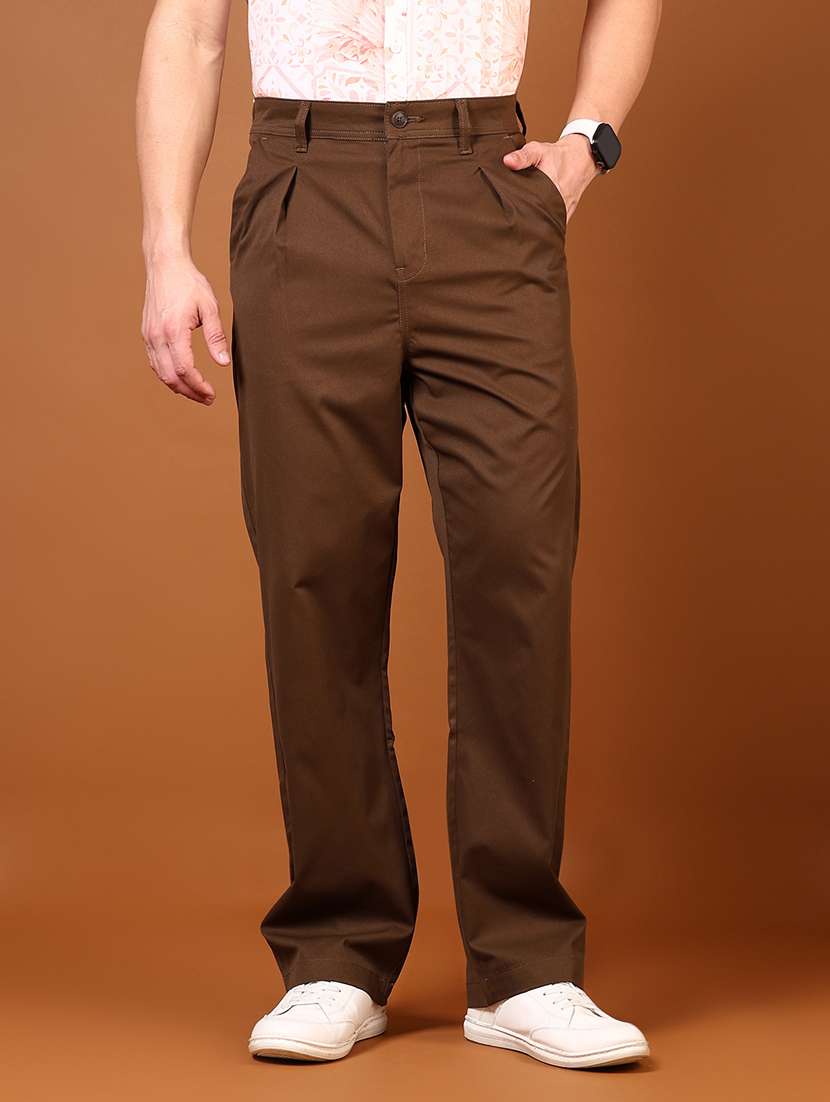 men brown solid high rise chinos casual trouser
