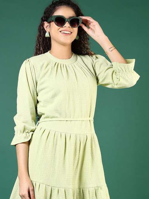 women solid puff sleeve tiered dress - 21695562 - Standard Image - 0