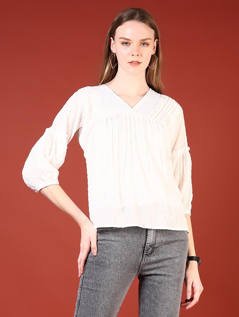 women white lace detailed v-neck regular top - 21695563 -  Standard Image - 1