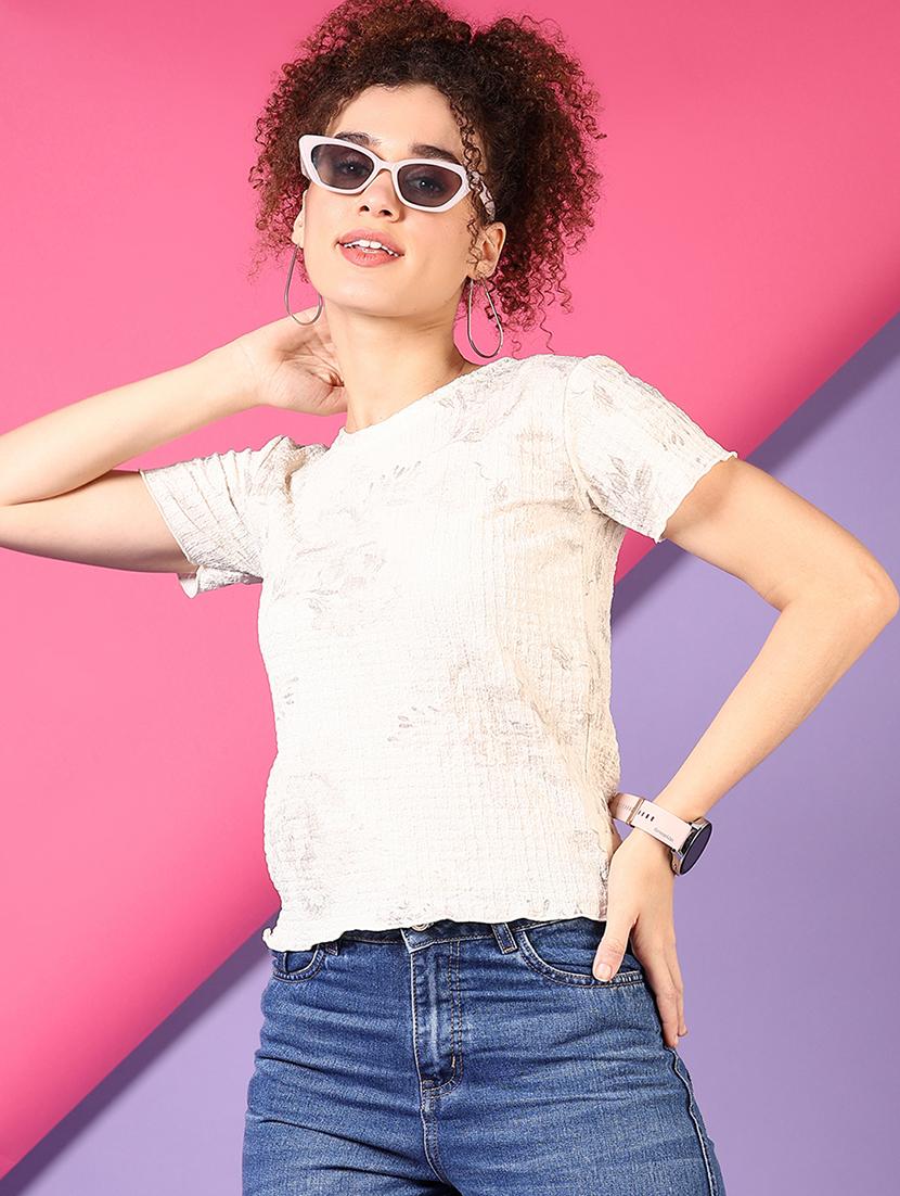 women cream printed round neck regular fit top - 21695564 -  Standard Image - 1