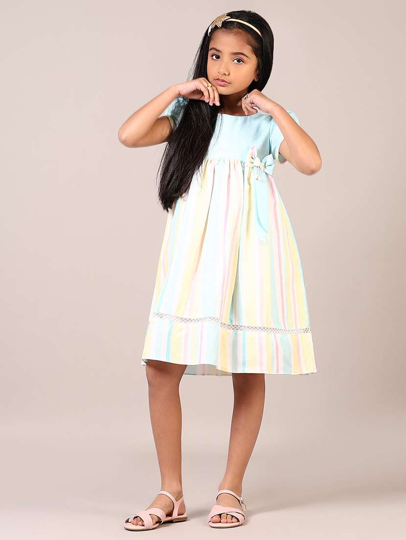 Girls Striped Puff Sleeves Frock