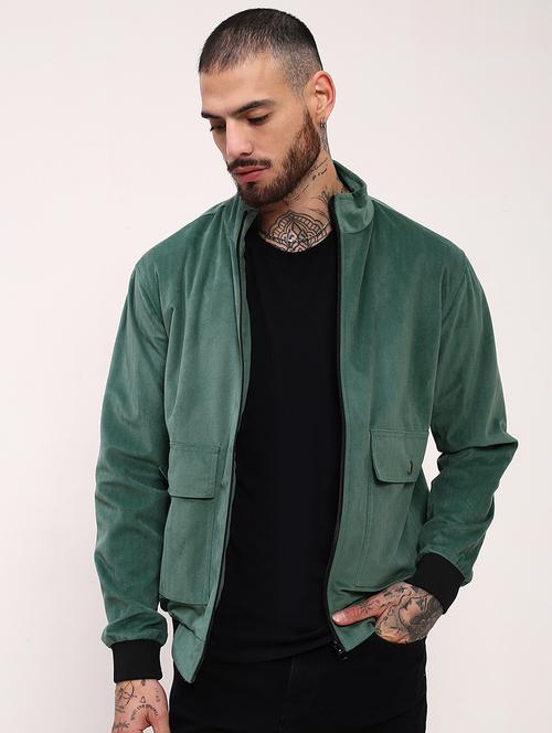 men green solid velvet casual jacket - 21695999 -  Standard Image - 0