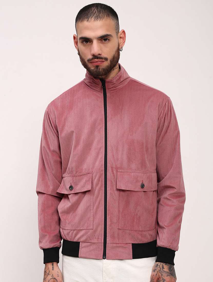 men pink solid velvet casual jacket
