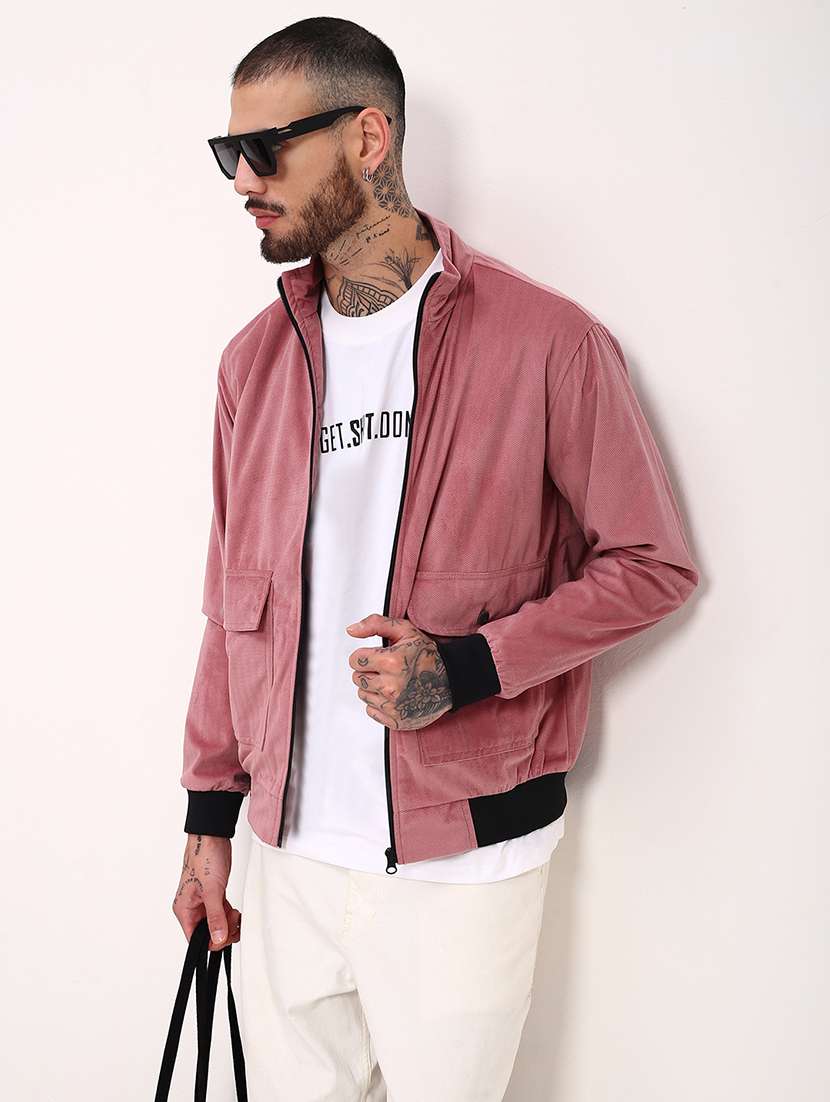 men pink solid velvet casual jacket - 21696001 -  Standard Image - 1
