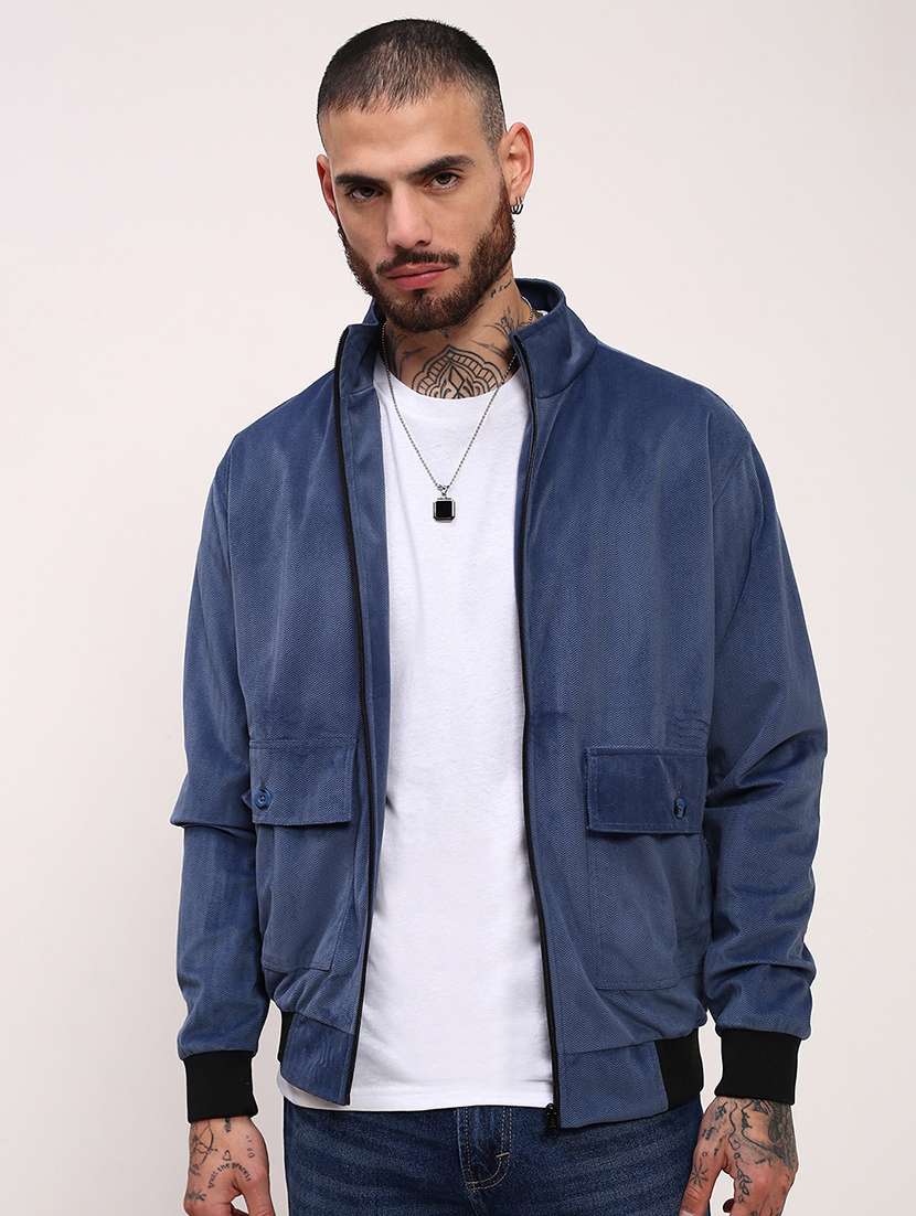 men blue solid velvet casual jacket