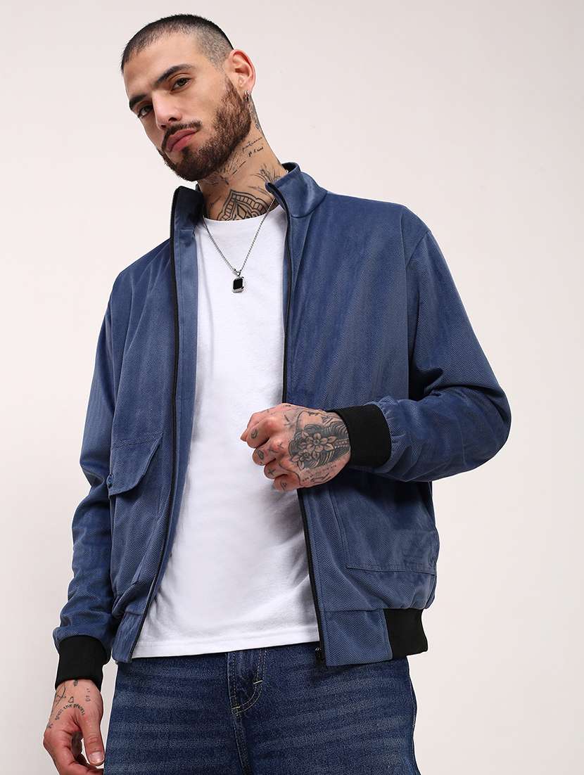 men blue solid velvet casual jacket - 21696002 -  Standard Image - 1