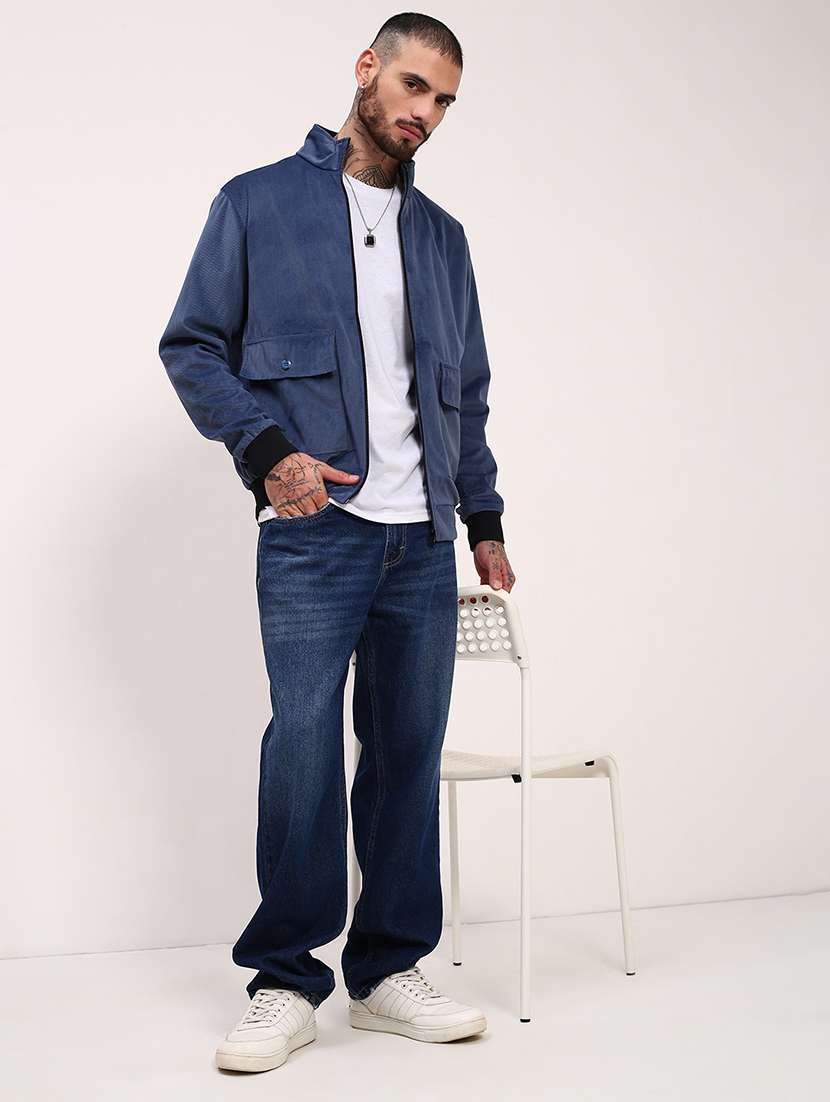 men blue solid velvet casual jacket - 21696002 -  Standard Image - 4