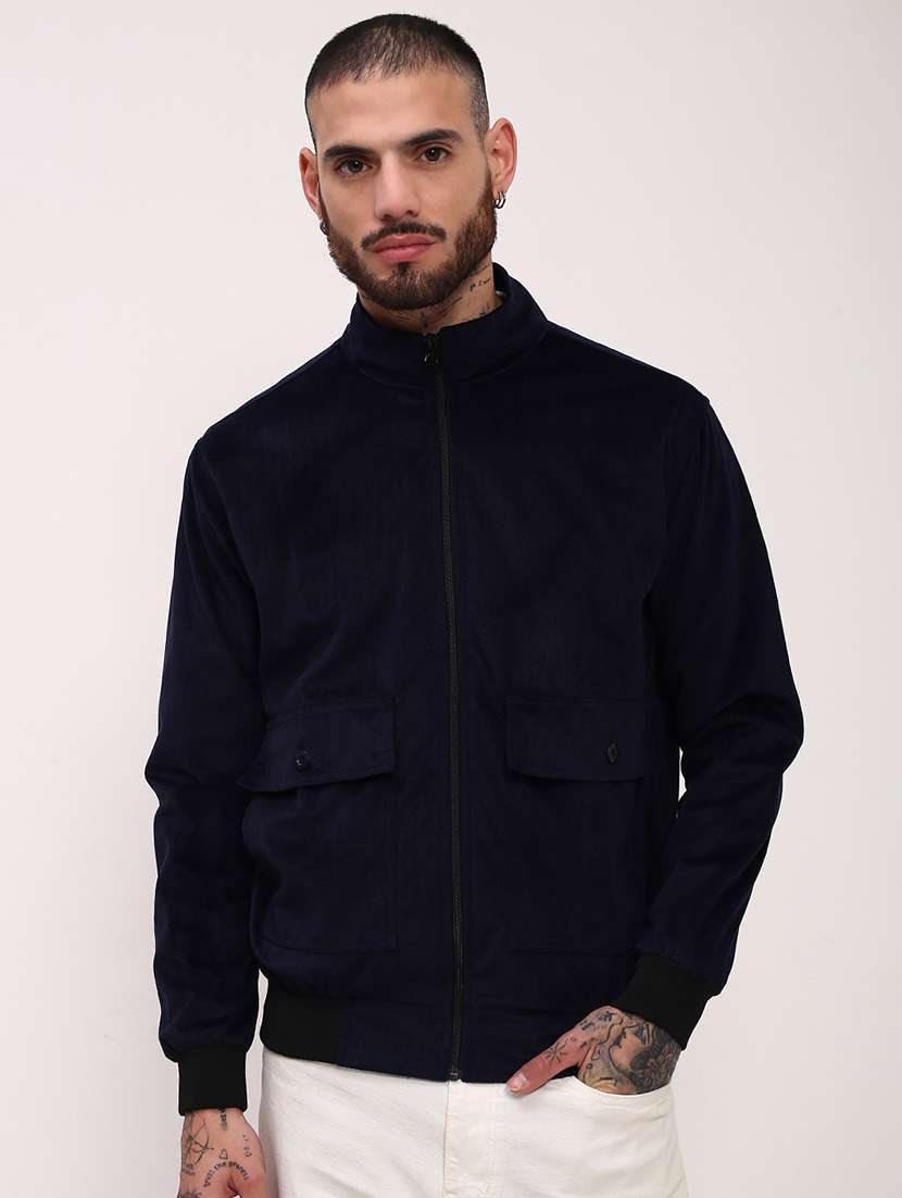 men navy blue solid velvet casual jacket