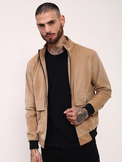 men beige solid velvet casual jacket - 21696004 - Standard Image - 0