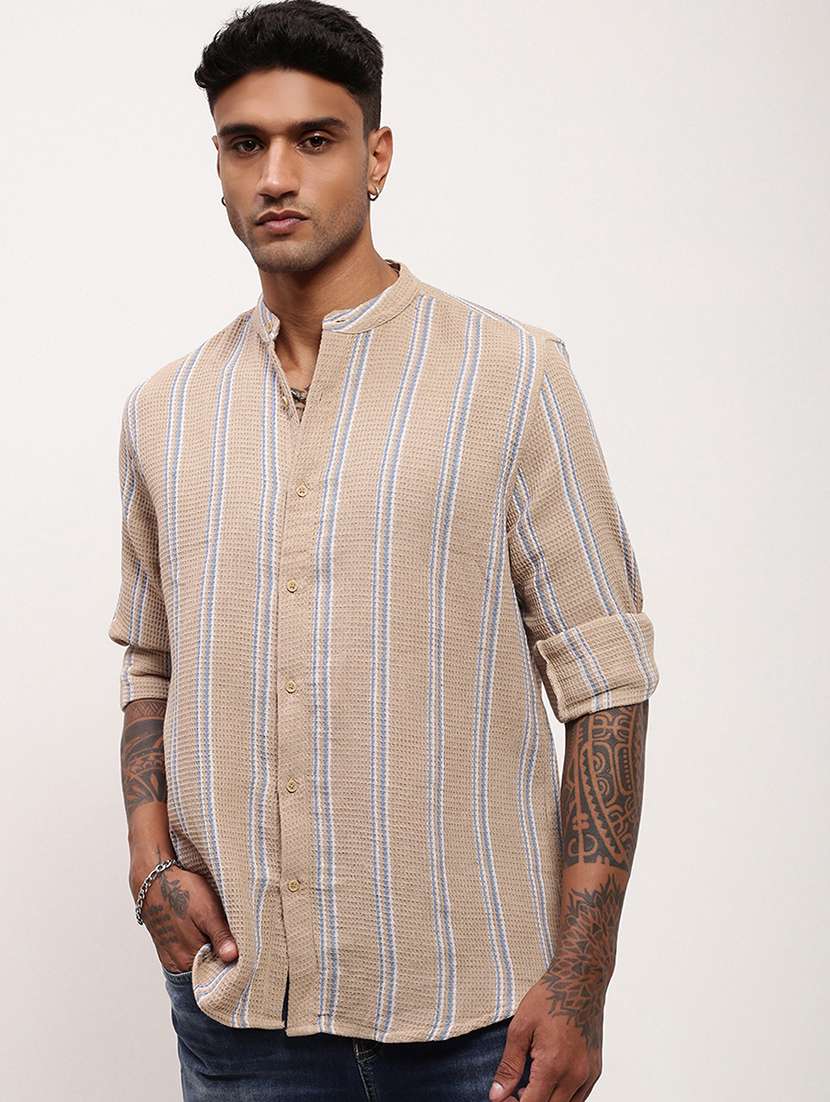 men striped long sleeves casual shirt